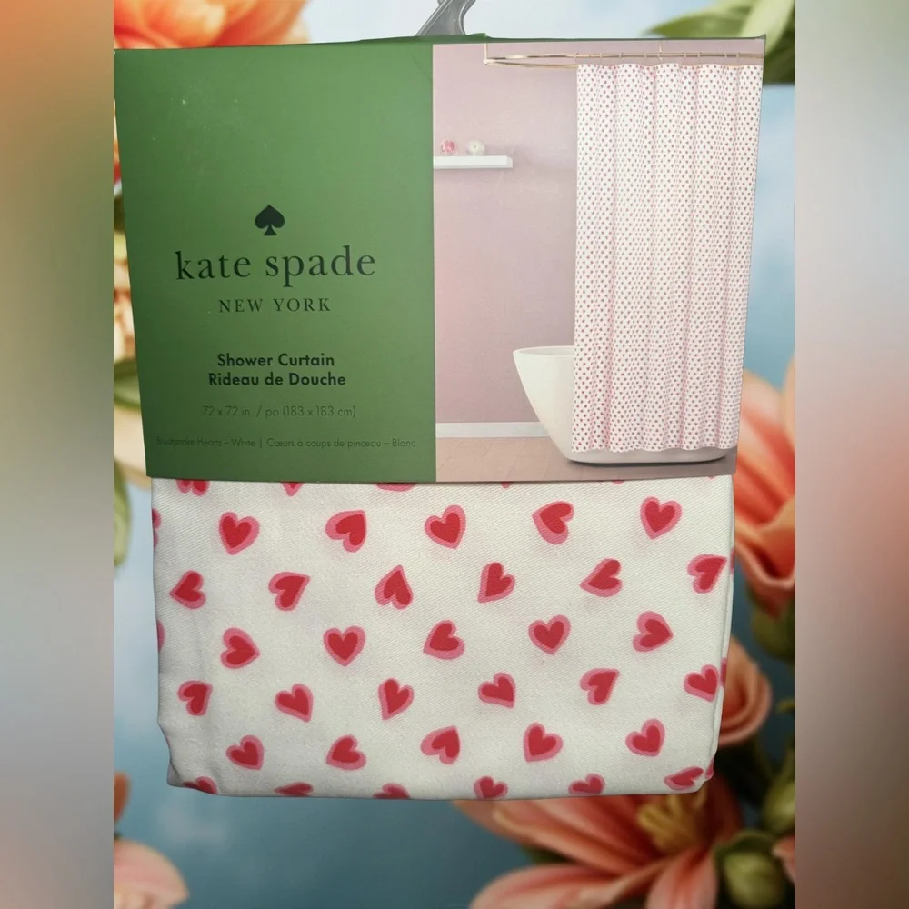 Kate Spade New York NWT White & Red Pink Hearts Cloth 72 x 72” Shower Curtain